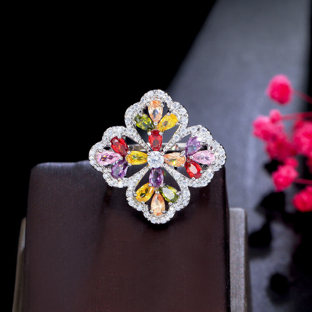 Silver Plated Blue CZ Crystal Flower Statement Women Chunky Flower Party Ring