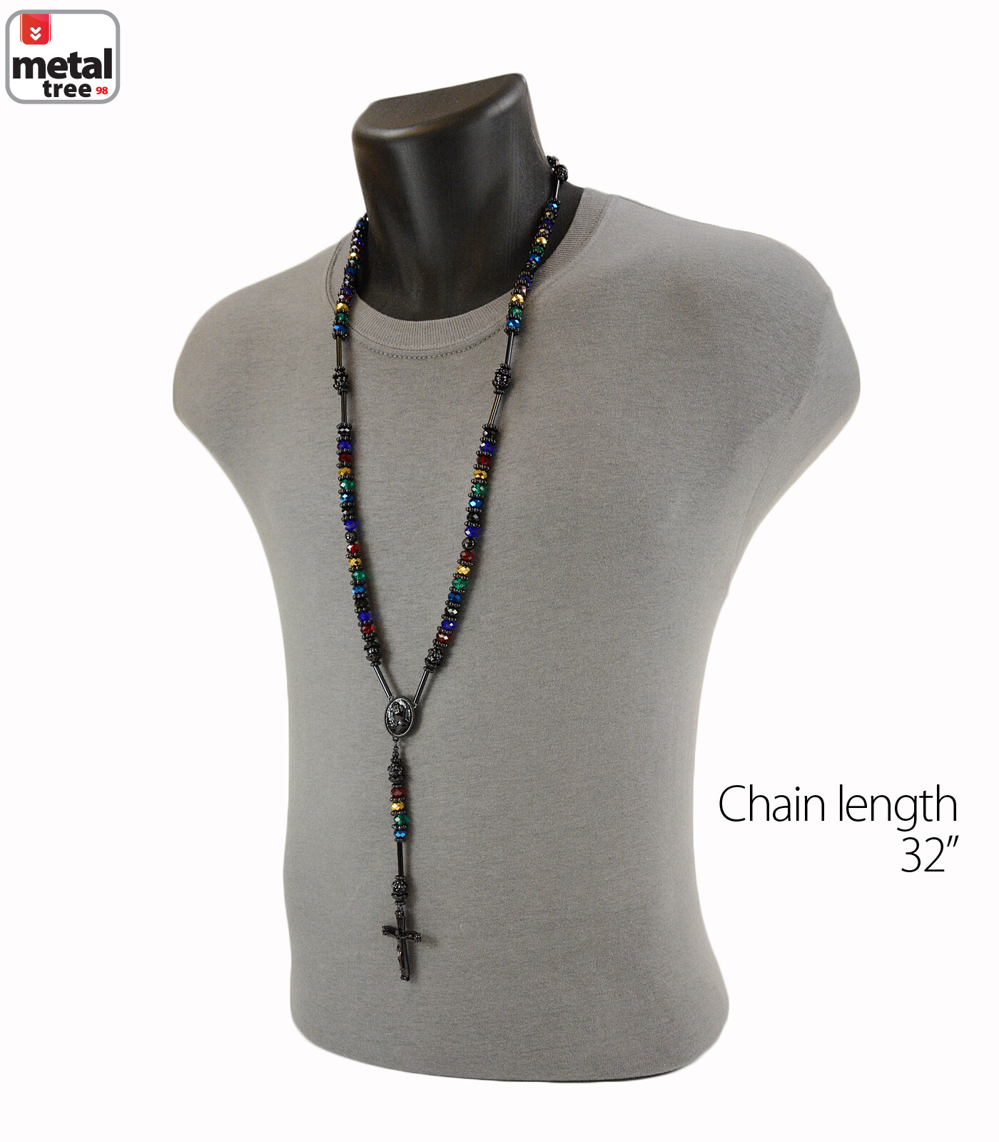 8mm Multicolor Bead Black Rosary Pray Hand & Jesus Cross Necklace BKMT