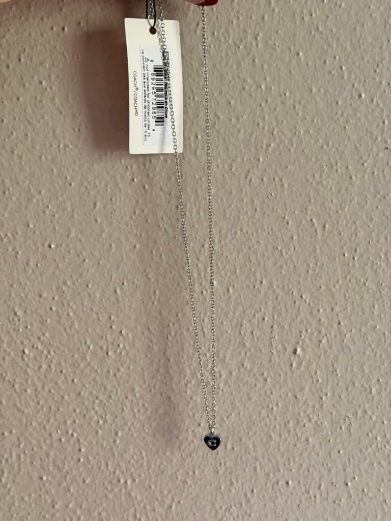 NWT Coach Signature C Pendant Heart Charm Necklace Silver Tone Rhinestone
