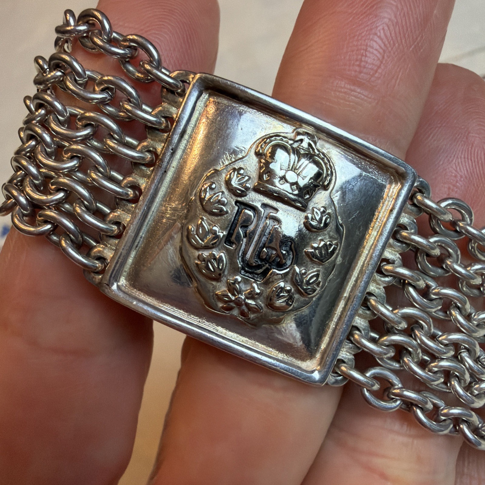 VTG Lauren Ralph Lauren 6 Strand Silver Tone Chain Bracelet With Crest Toggle