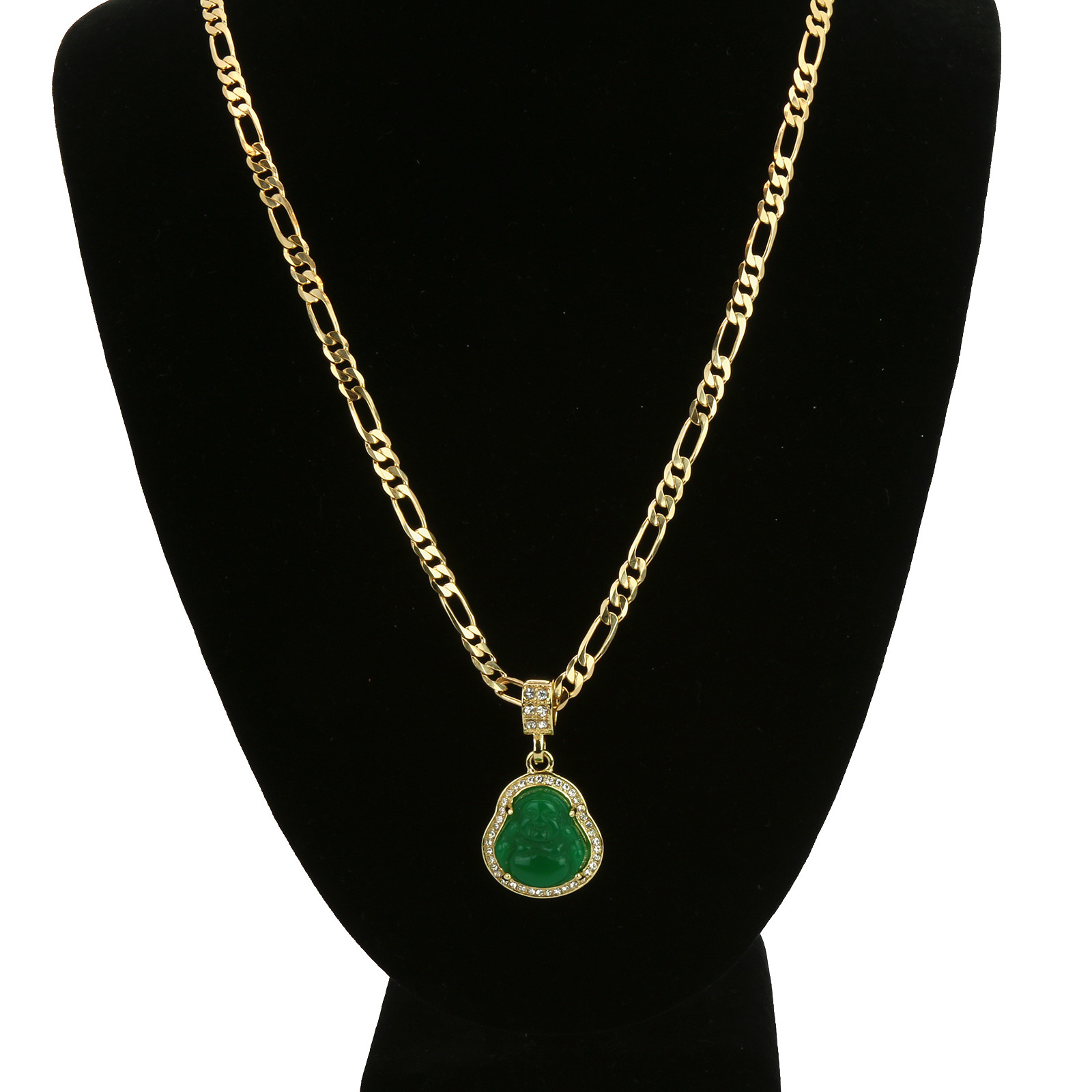 14k Gold Plated Green Jade Buddha Pendant Iced Cubic Zirconia 24″ Figaro Chain