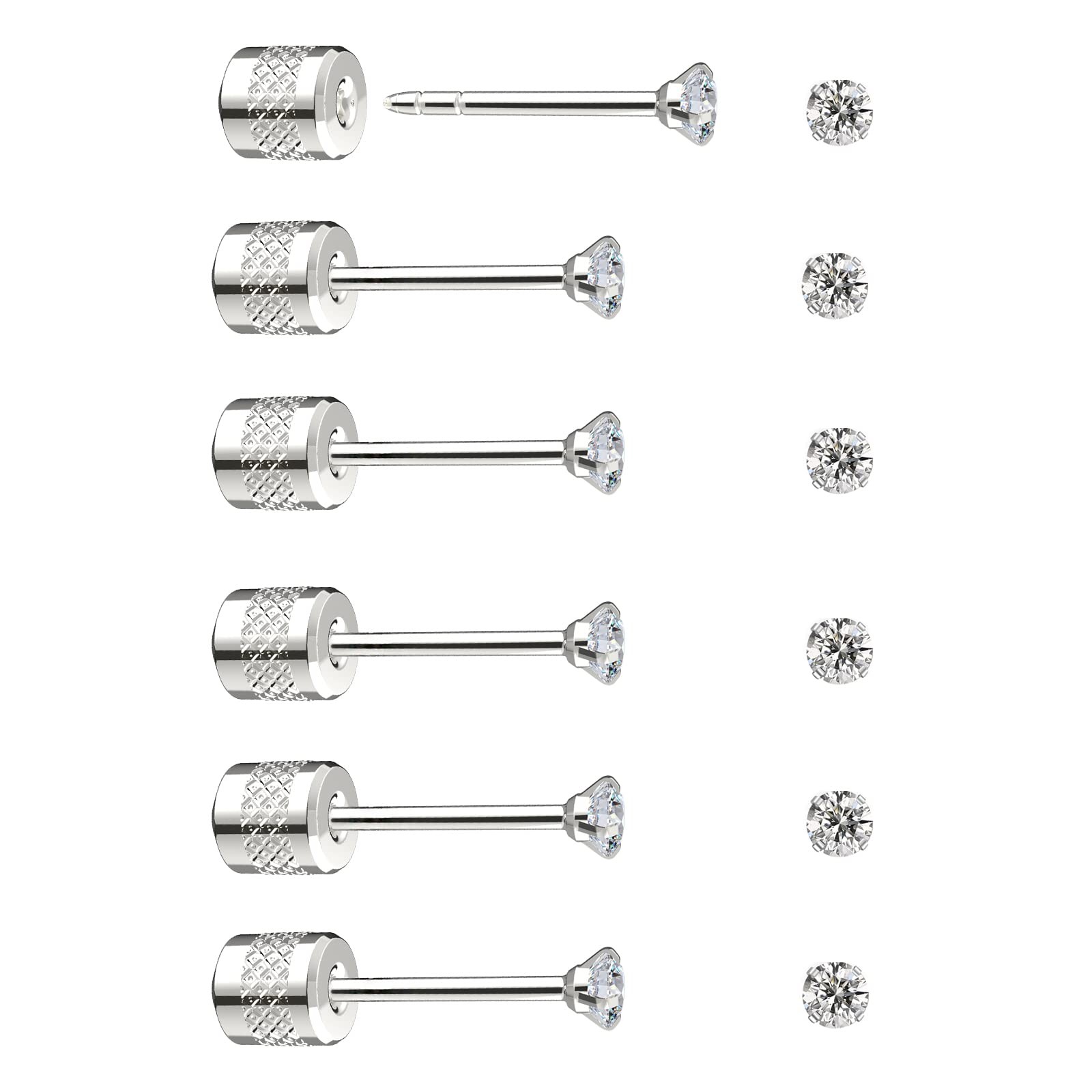 Threadless Flat Back Stud Earrings, 2mm, 3mm, 4mm, 5mm, 6mm, 8mm, Silver-2mm