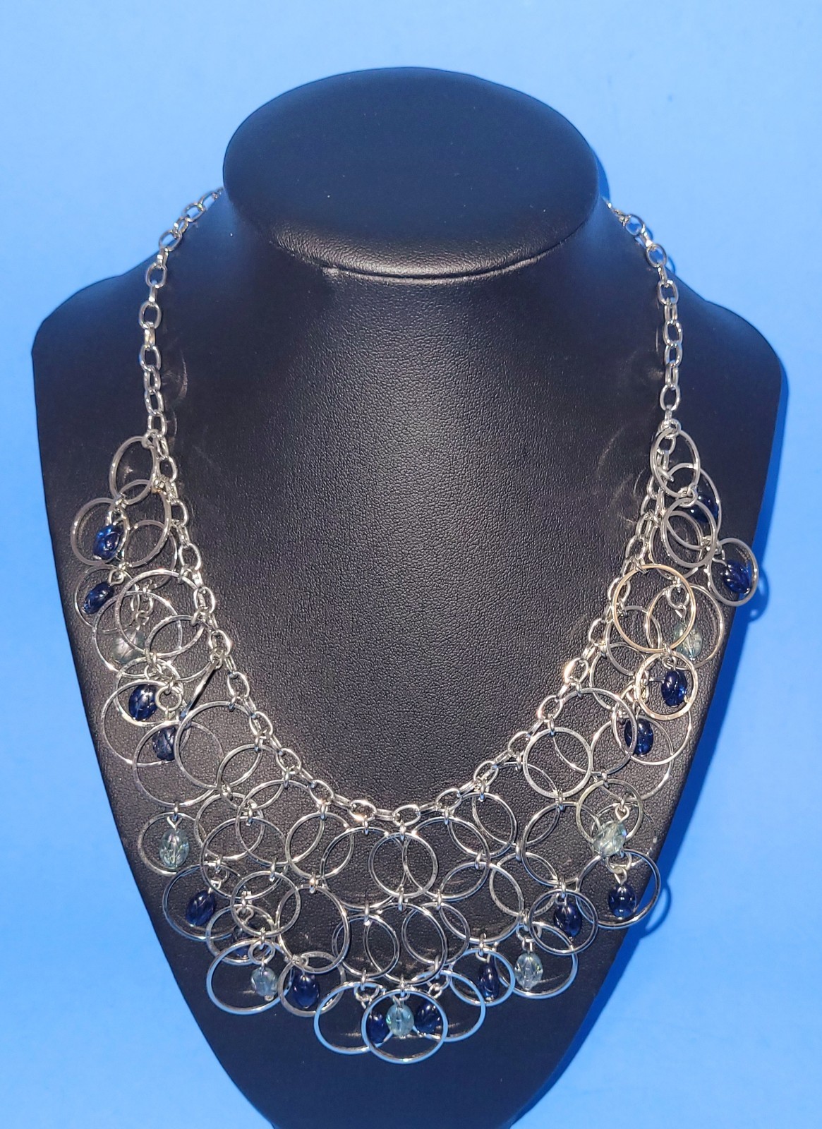 VTG Silverstone Adjustable Necklace With Blue & Aqua Marine Glass Beads