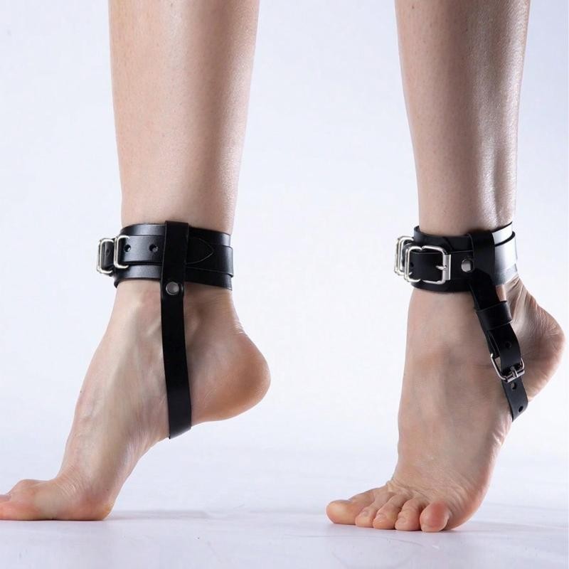2PCS Punk Women Adjustable Black PU Leather Ankle Harness With Buckle Straps