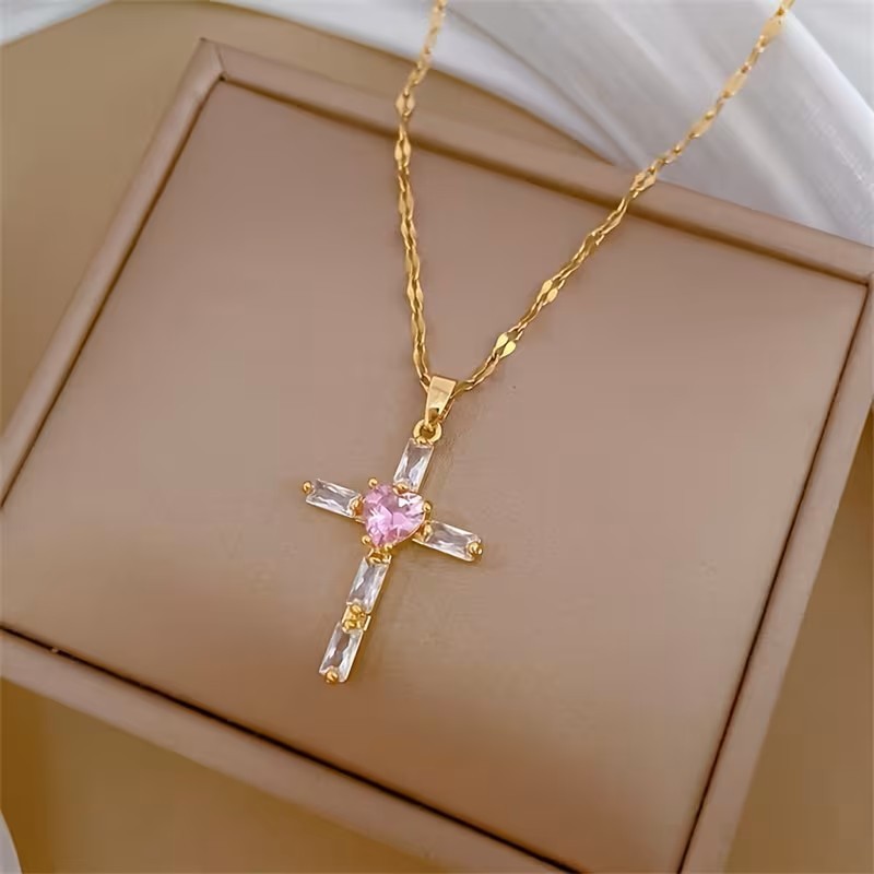 Gold Tone Cross Necklace Pink Heart Crystal Pendant Faith Christian Jewelry Gift