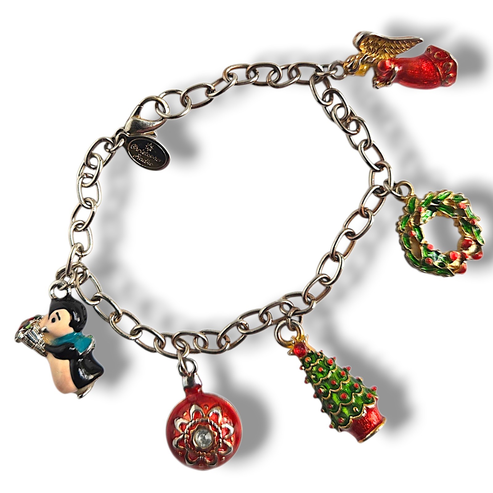Vtg Christopher Radko Christmas Charm Bracelet Enamel Tree Angel Wreath 7.25”