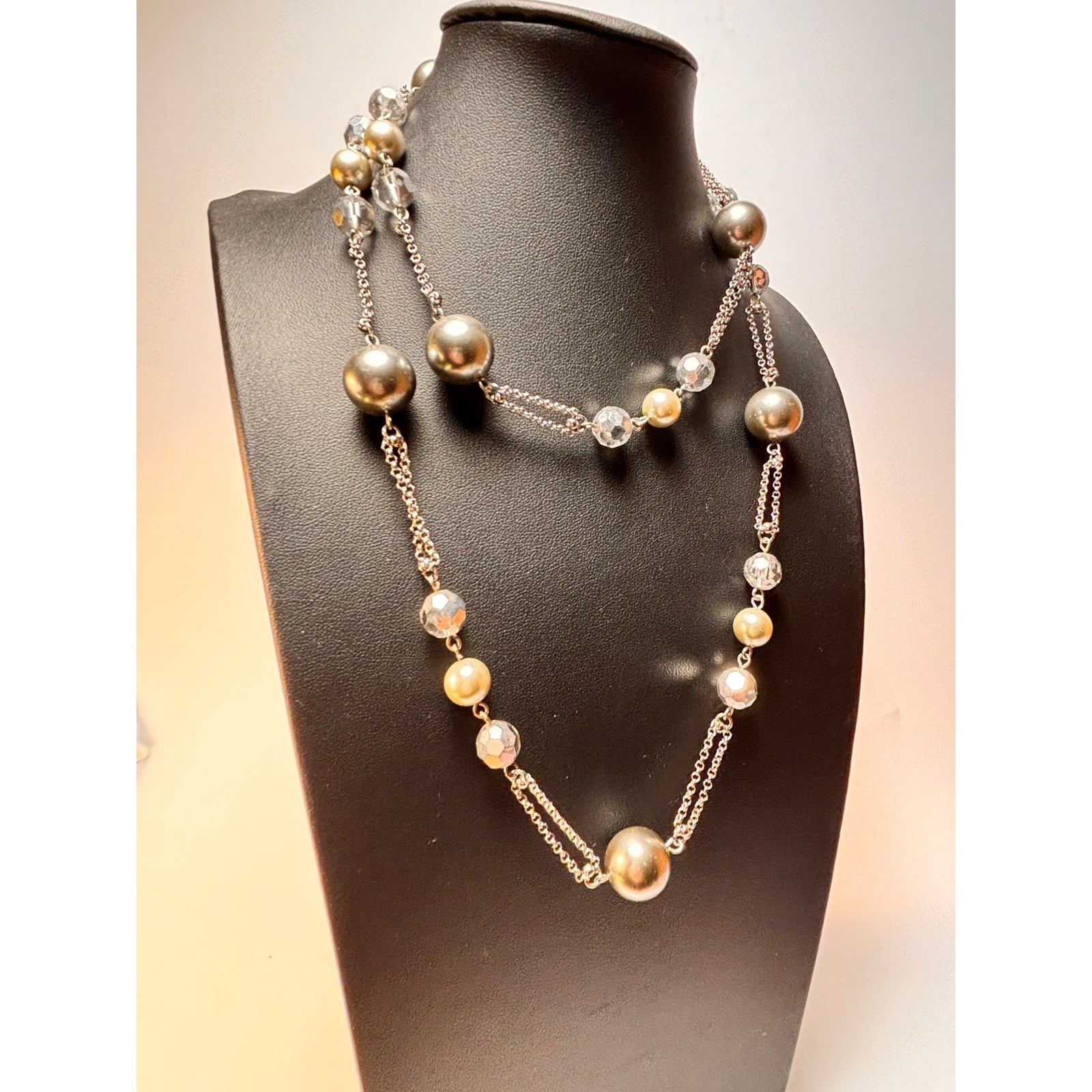 Carolee Long Multi-Strand Necklace Silver Faux Pearl Crystal Beaded BX523
