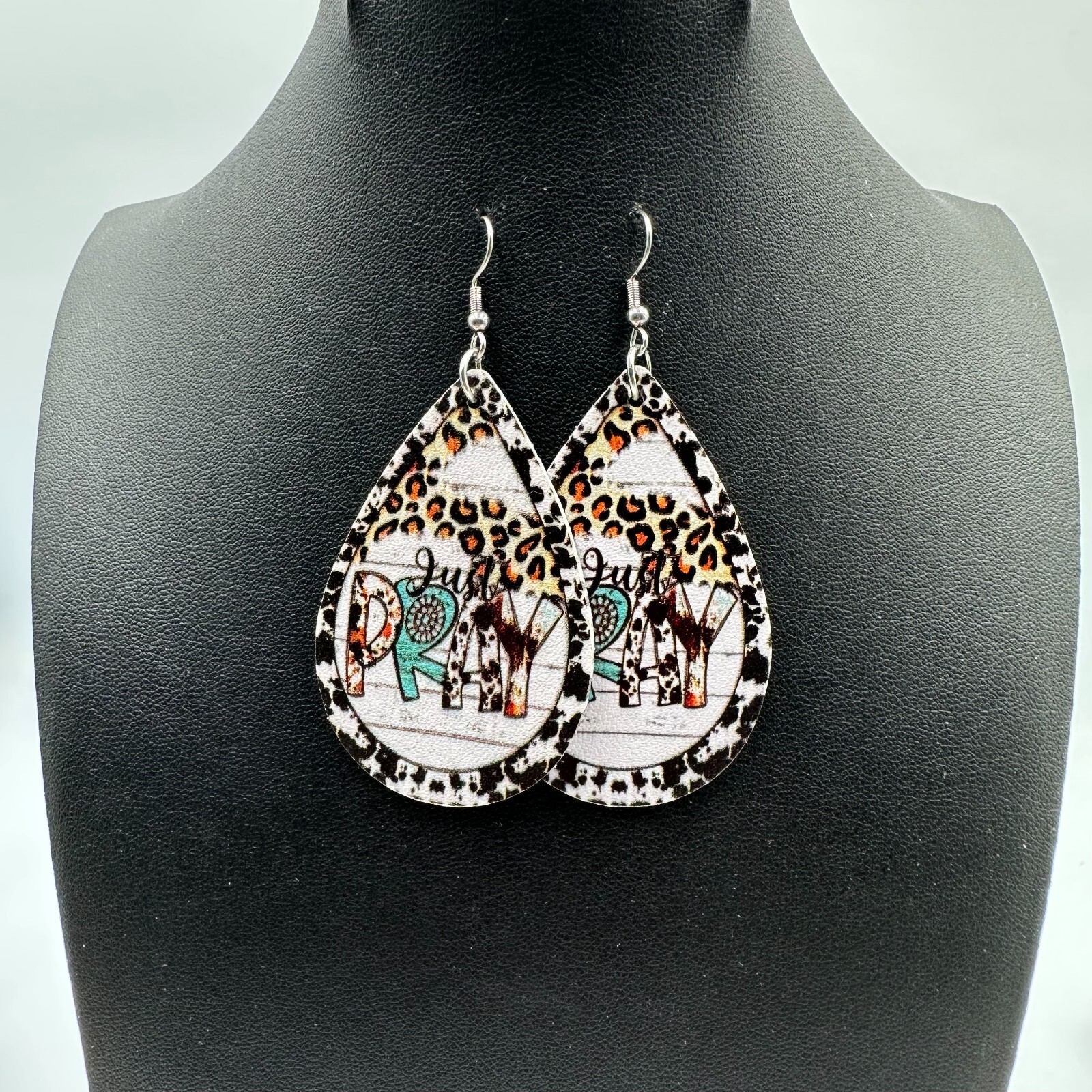 Just Pray Earrings Teardrop Vinyl Animal Print Leopard Western Boho Faith 2.5″