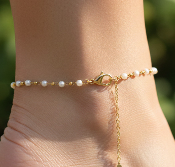 Boho Minimalist Pearl Anklet 18K Gold Plated Brass Chain Anklet for Women