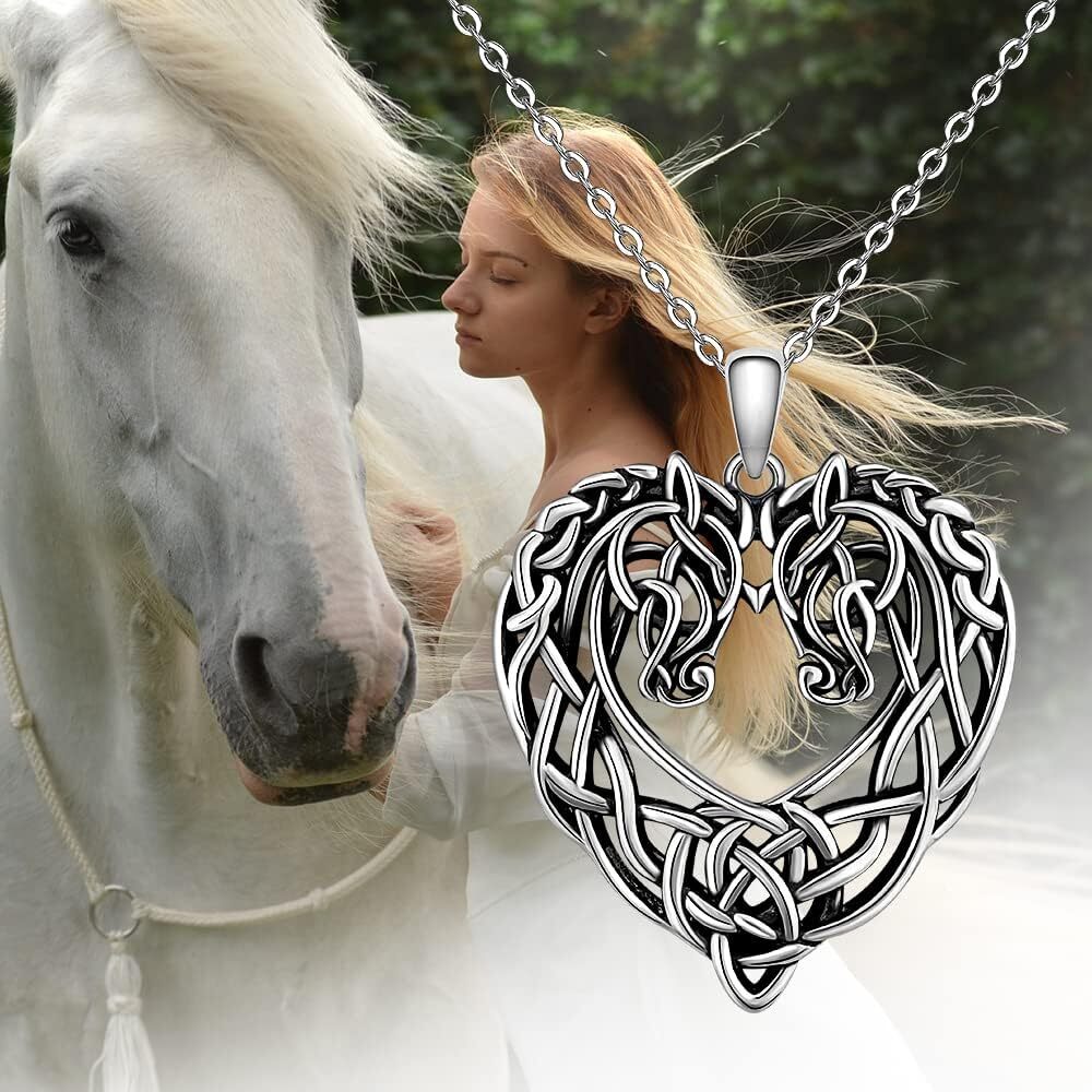 Celtic Knot Heart Horse Necklace Earrings Set Sterling Silver Gifts for Women
