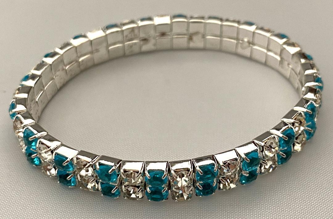 SILVERTONE METAL STRETCH BRACELET 2 ROWS of CLEAR & COLOR CRYSTALS SELECT COLOR