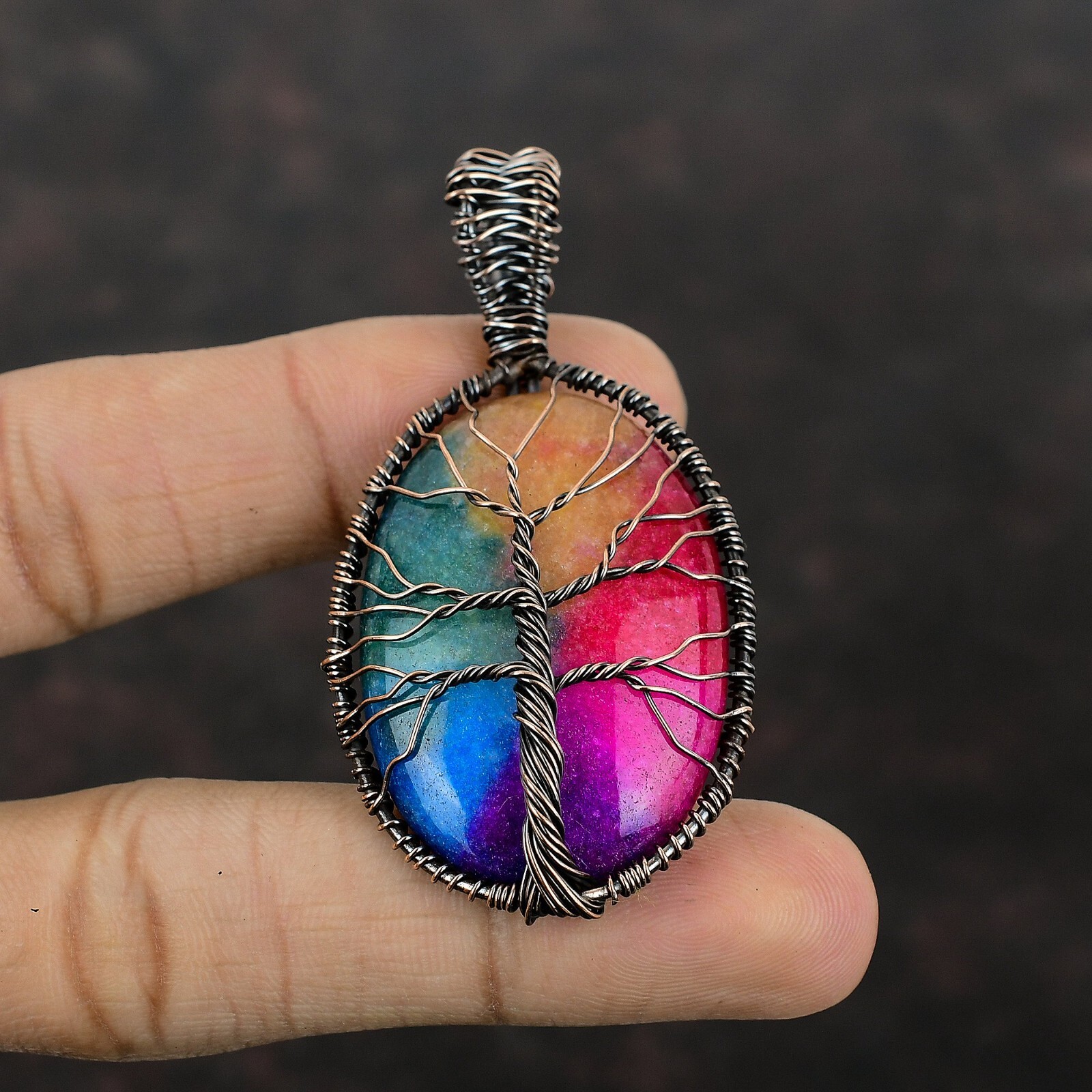 Rainbow Solar Quartz Druzy Copper Wire Wrapped Tree Of Life Pendant 2.56″