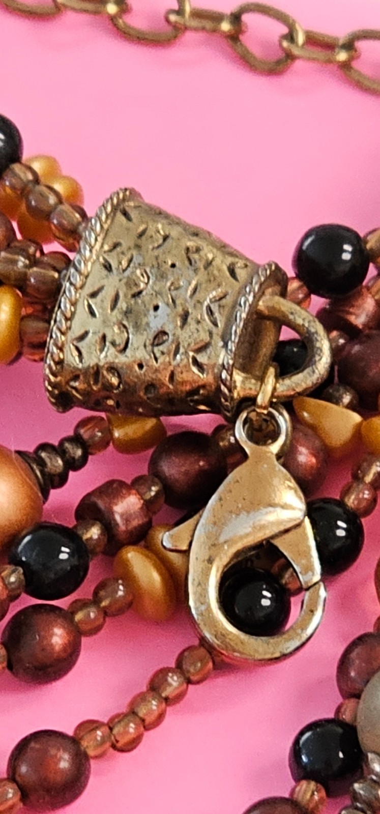 CHICOS 7 strand necklace brown gold beads 21” plus 4 1/2” chain