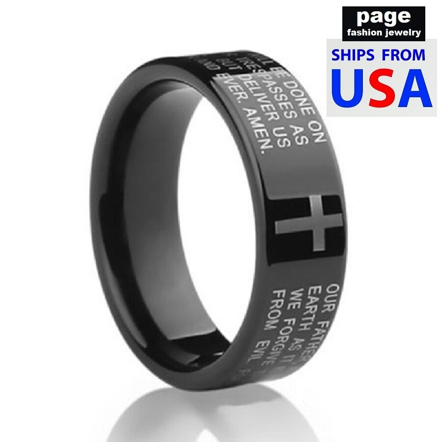 US Seller- Lord’s Prayer (English) Black Stainless Steel Ring Sizes 6.5 – 12.5