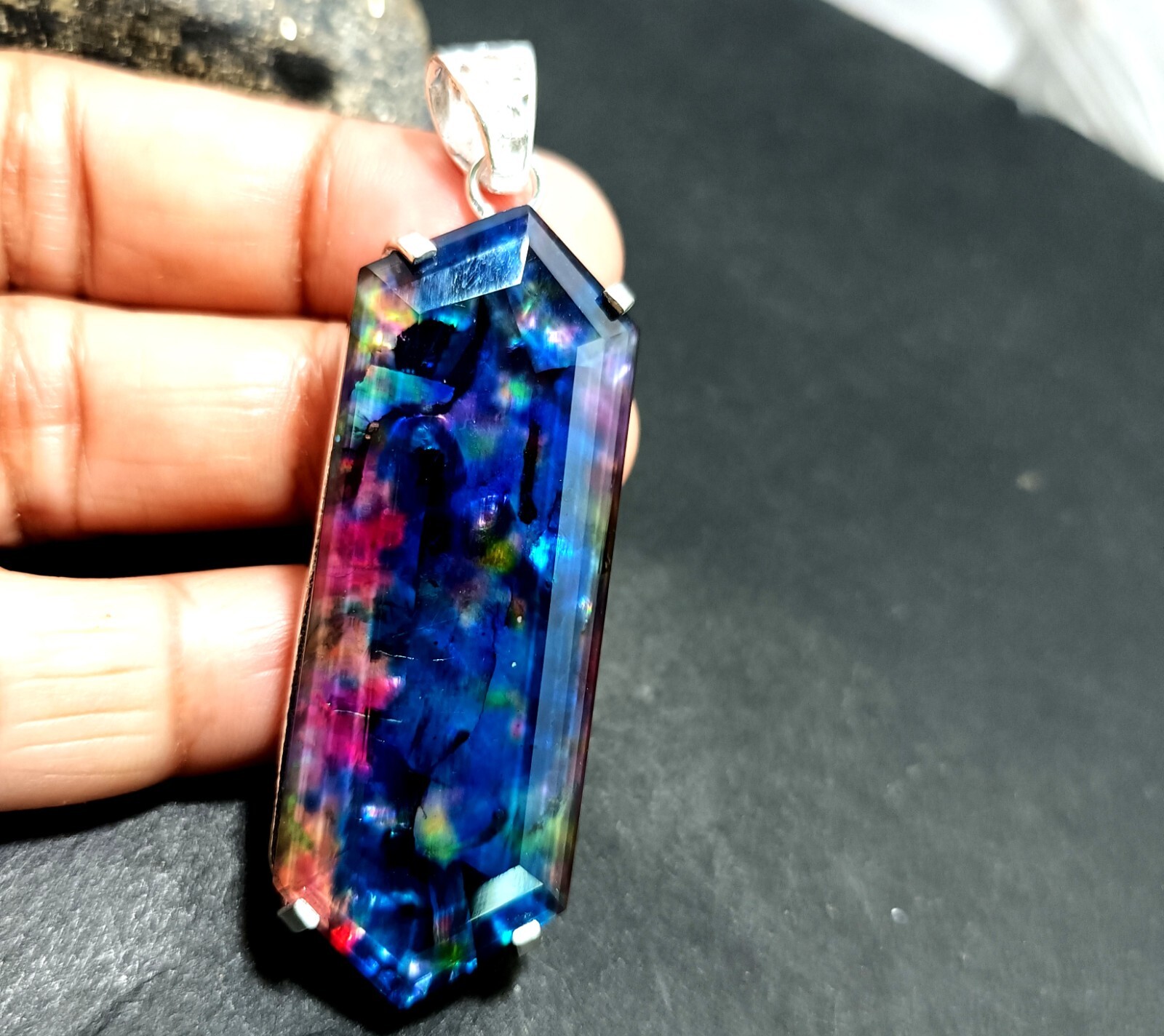 Certified 91.35 Ct Natural Ammolite 925 Solid Silver Pendant Loose Gemstone