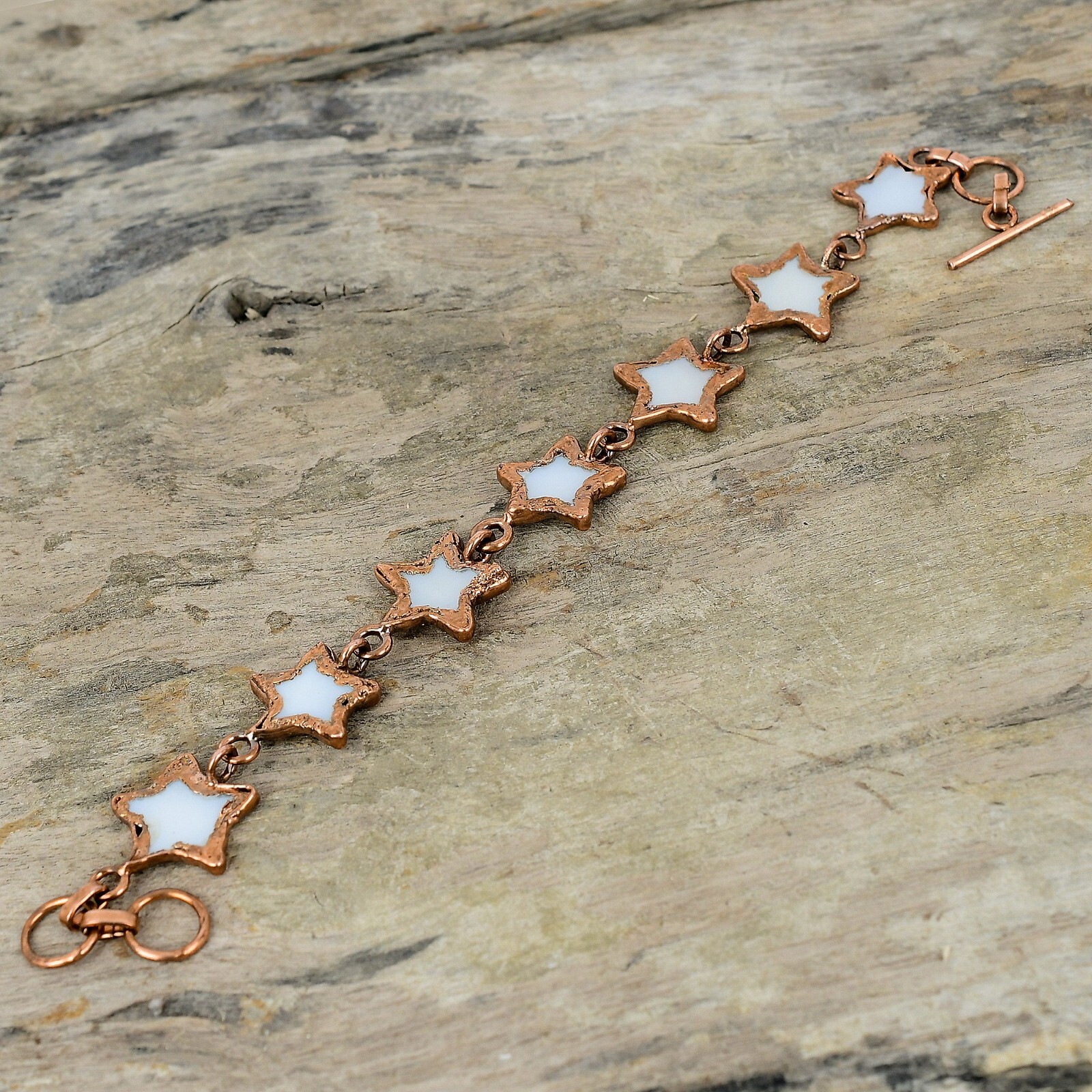 Copper Pentagon Mother Of Pearl Gemstone Electroformed And Star Chain Bracelet