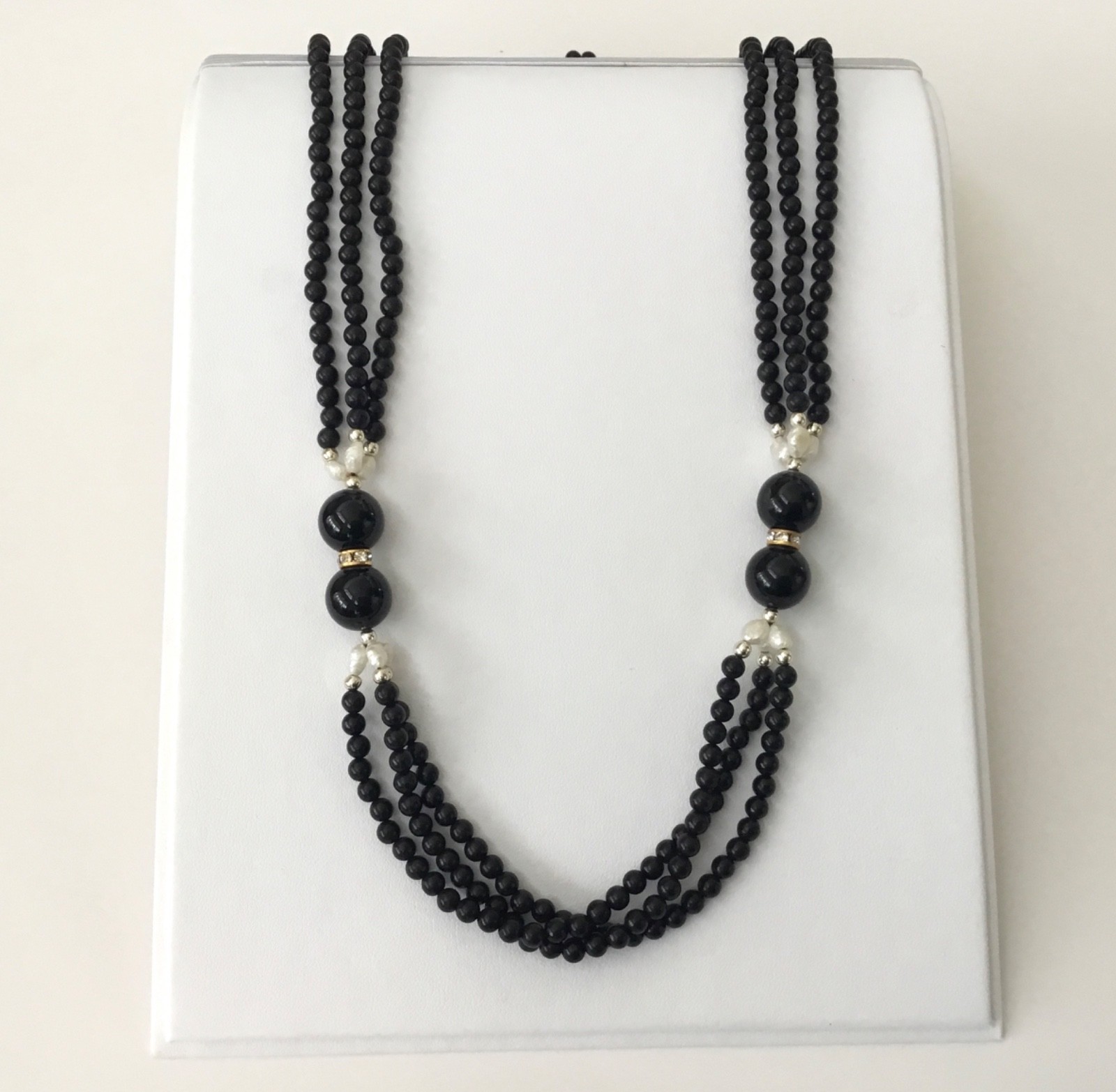 Special Black Onyx W/ Freshwater Pearl 3 strand 27 in Long Necklace NEW