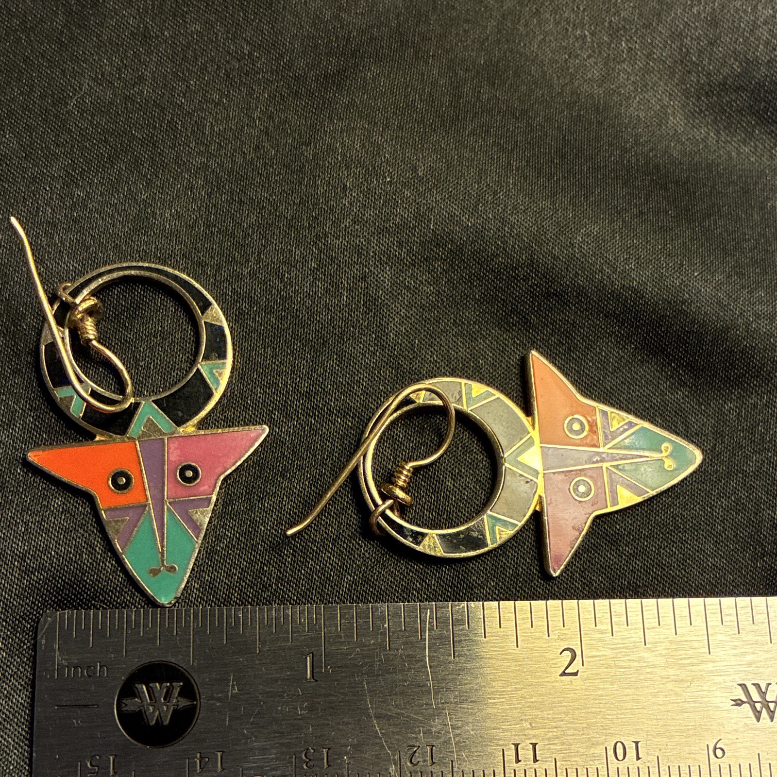 Laurel Burch 1993 Water Buffalo Multicolor Enamel Hook Dangle Earrings