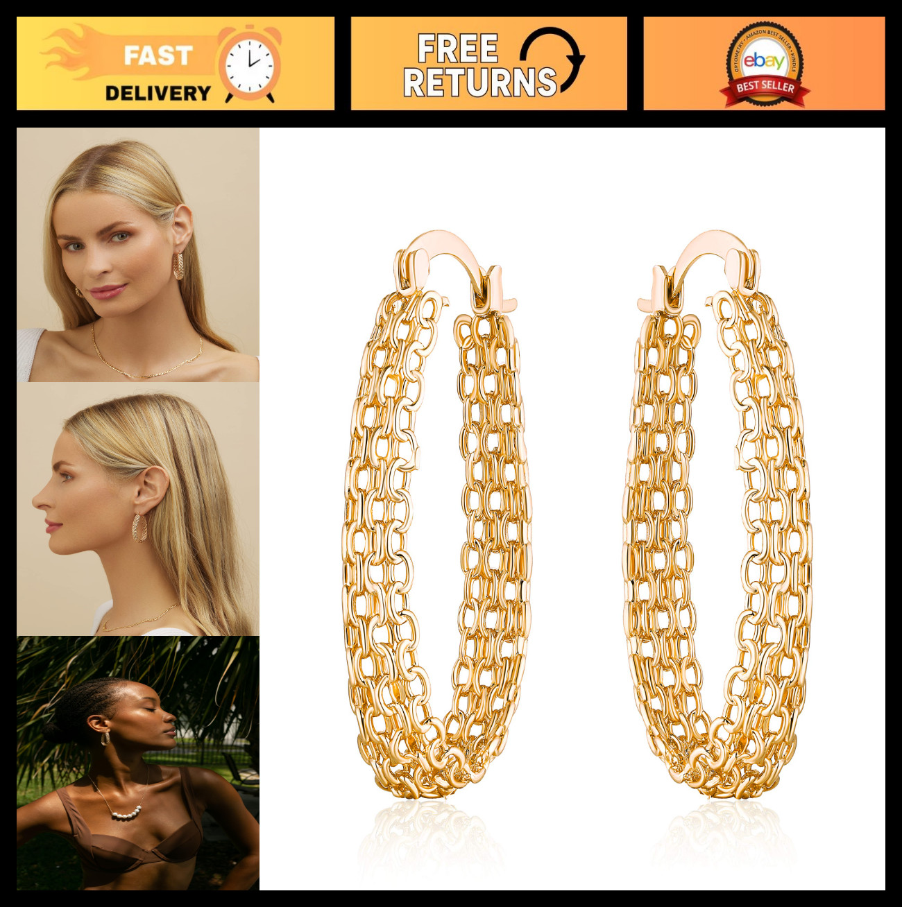 18K Gold Plated Link Mesh Braided Filigree Hoop Earrings – Elegant Gold Jewelry