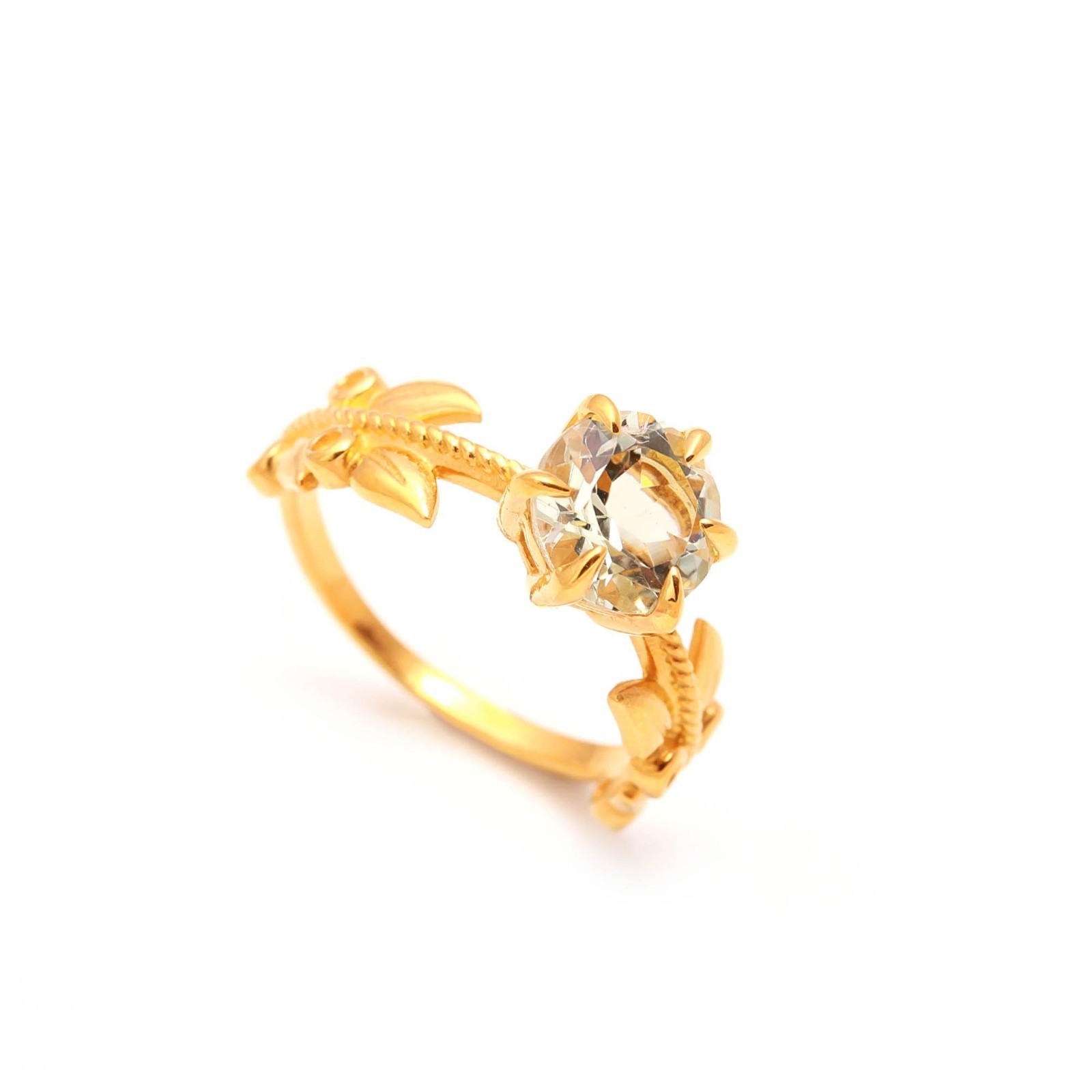 Natural Green Amethyst Round Leaf Ring 925 Sterling Silver Gold Plated Jewelry