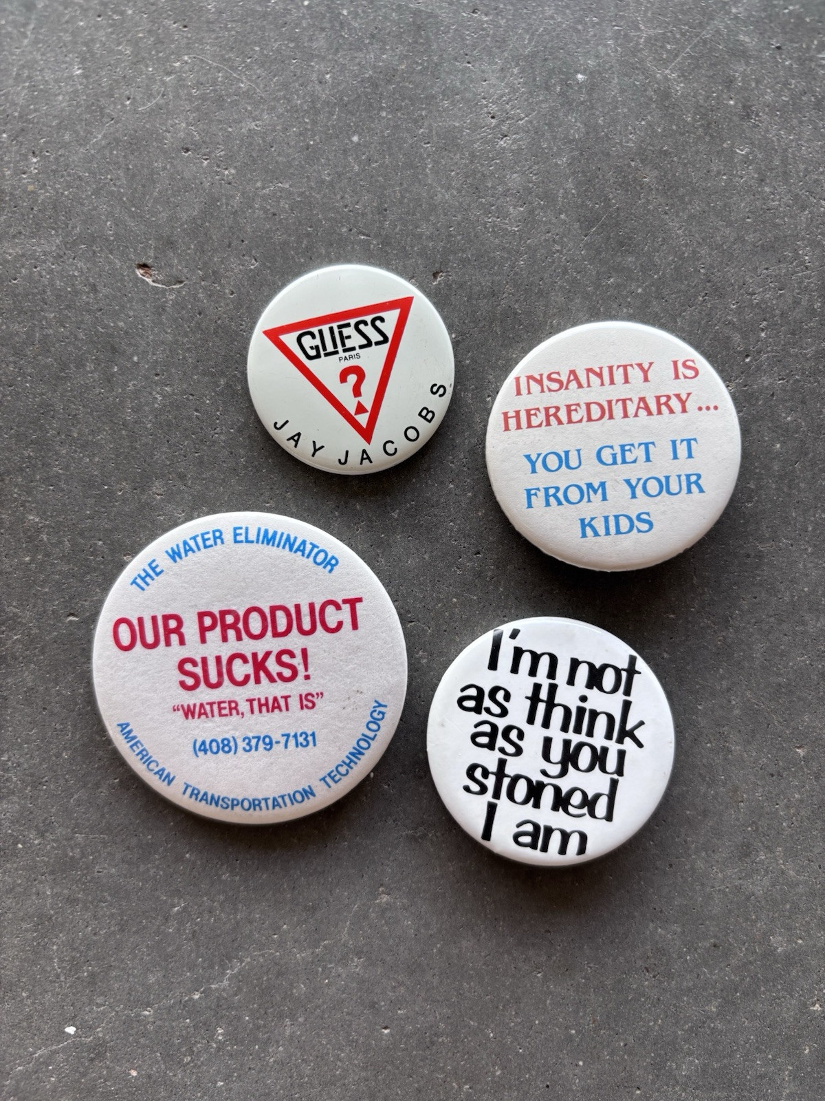Lot Of 4 Vintage Pins Guess Jay Jacobs Funny Stoner Humor Designer 80s 90s