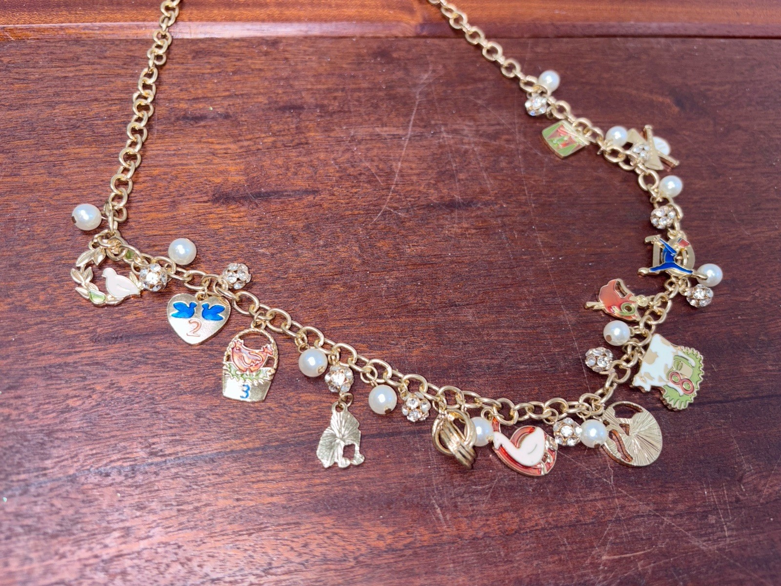 Women’s Gold Tone Christmas Necklace 12 Days Of Christmas Charms 30 Inch