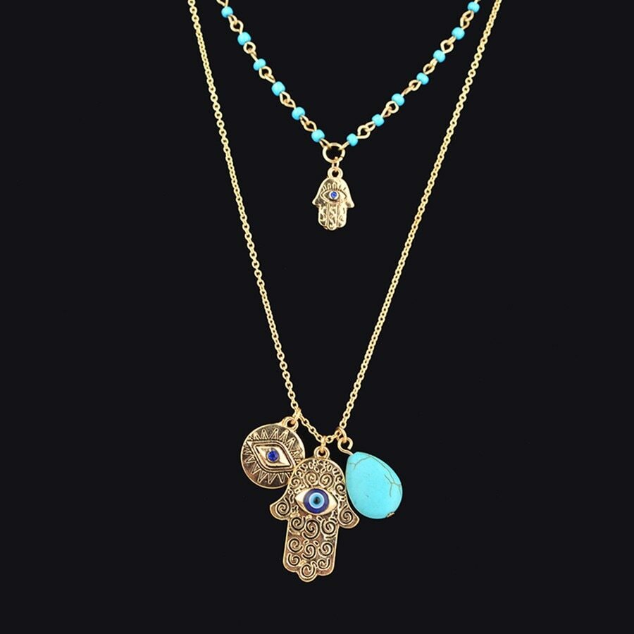 ZARD Evil Eye Hamsa Hand Turquoise Gem Charm Pendant Layered Necklace