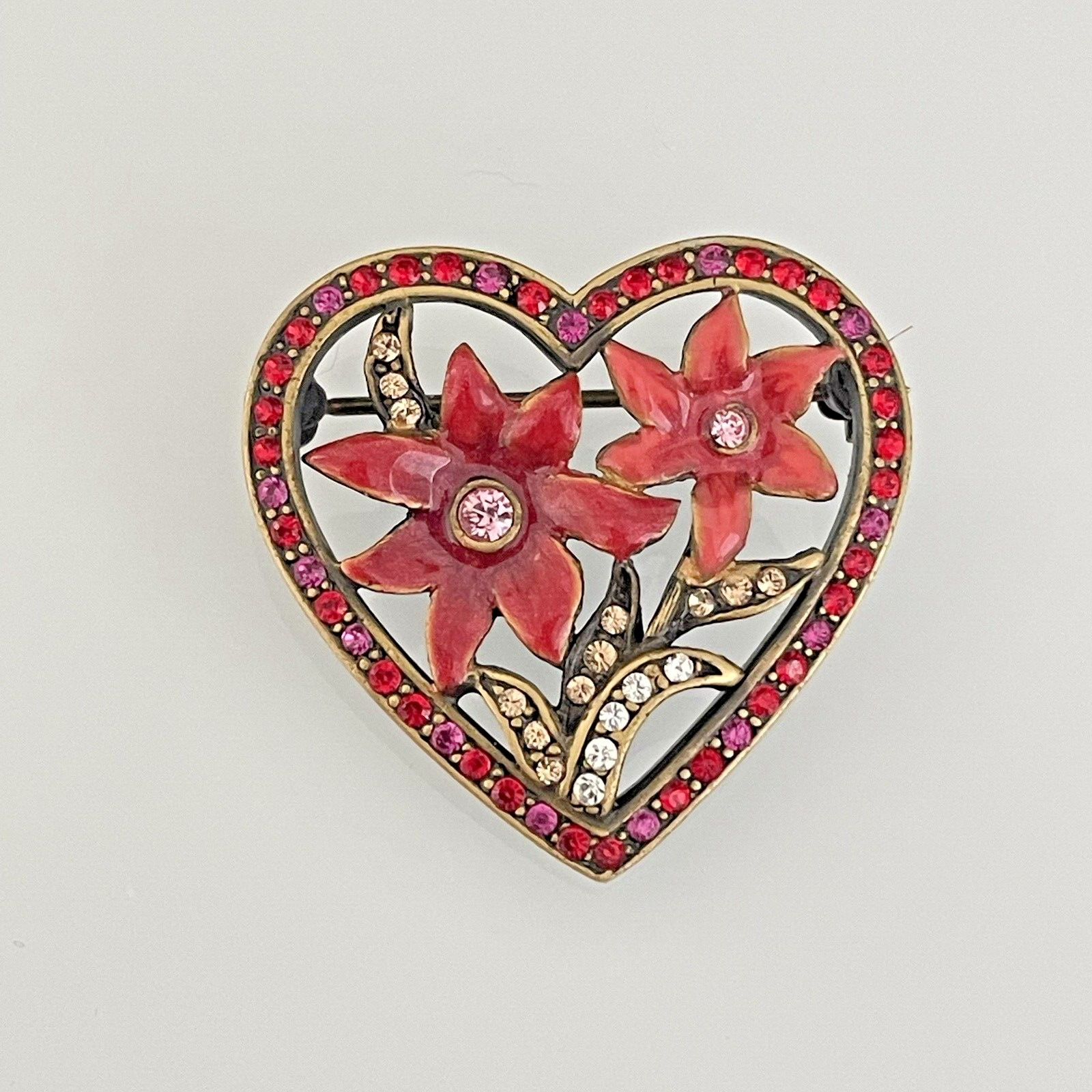 Heart Flower Brooch Pin Jay Strongwater – Red & Pink Enamel & Rhinestone