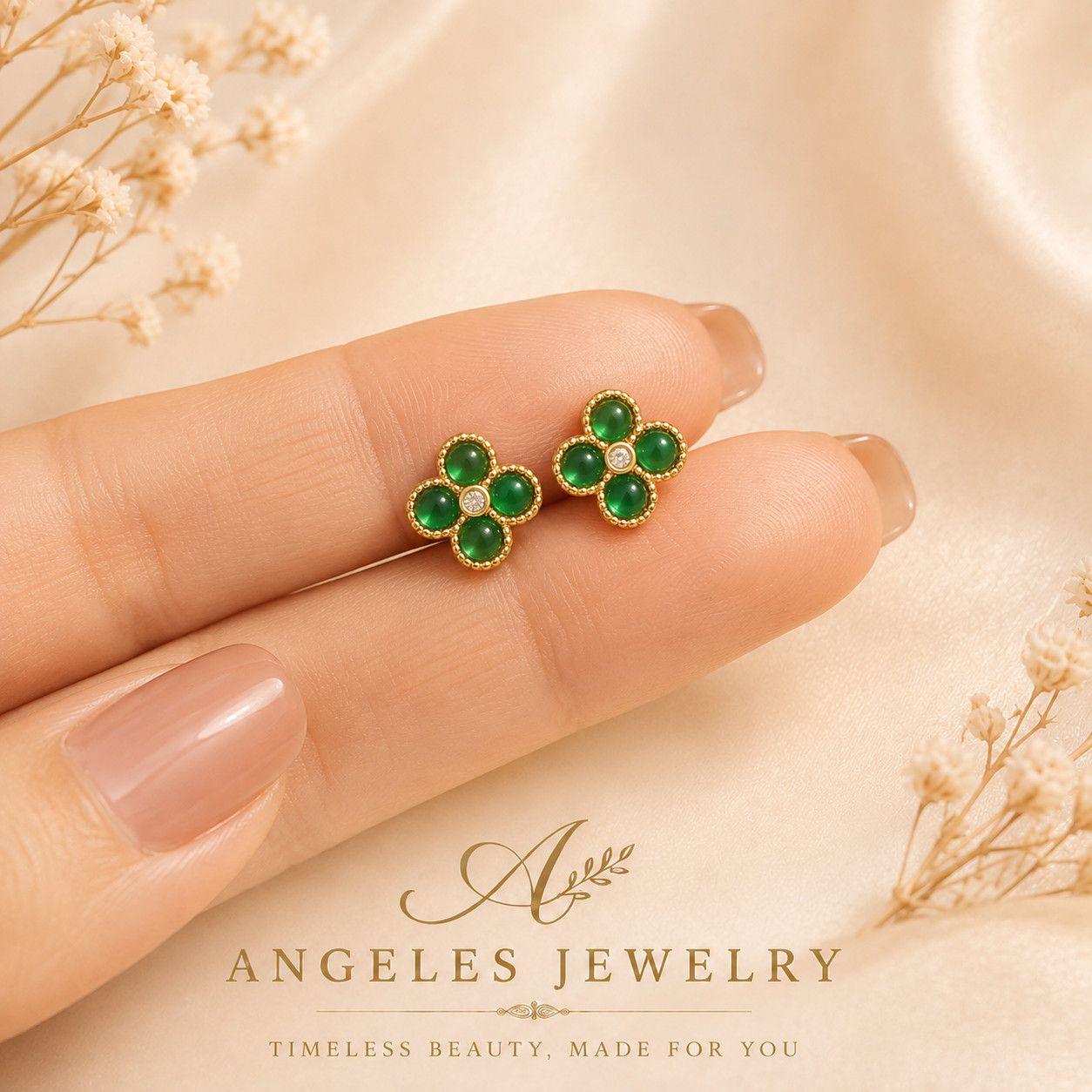 Jade Four-Leaf Clover Stud Earrings Minimalist Bamboo 18K Gold Plated Gemstone