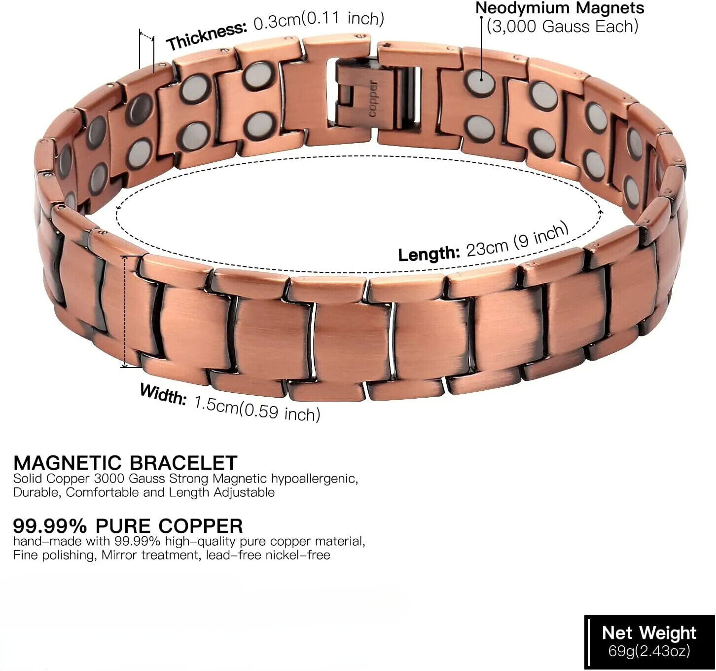 Men’s Bracelet Magnetic Therapy Arthritis Pain Relief Pure Solid Copper Bangle