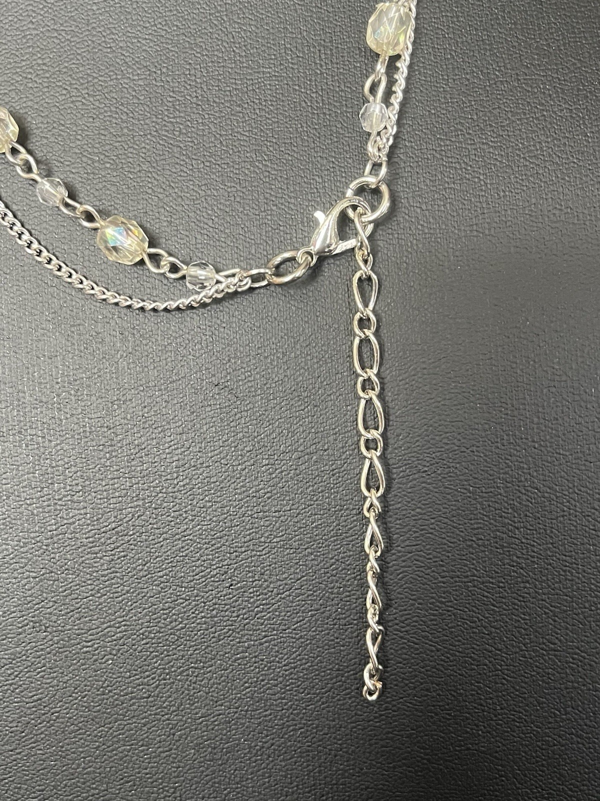 Lock Zipper Pull Charm On Double Strand Delicate Silvertone Beaded Necklace