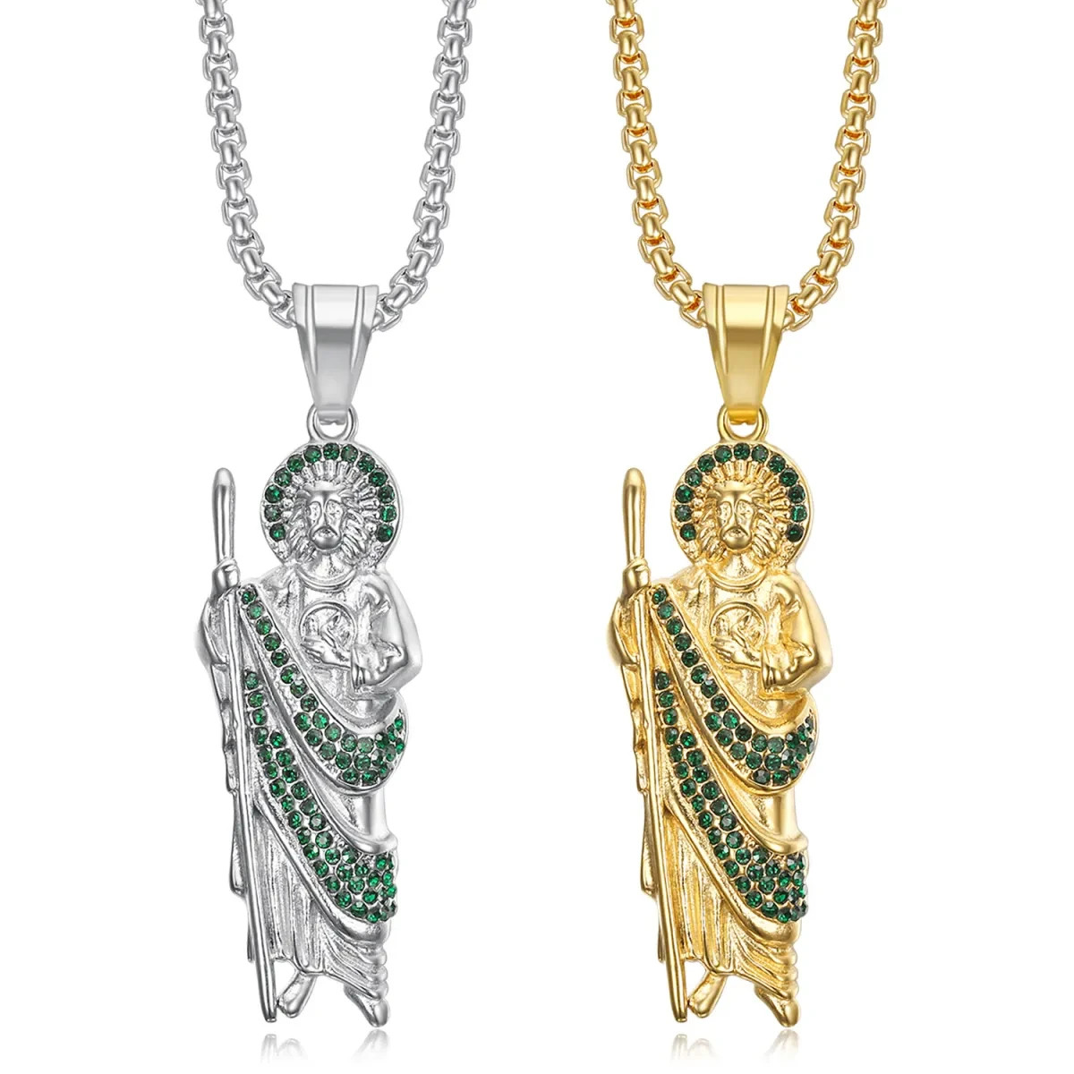 Stainless Steel Gold Plated Saint Jude Pendant Necklace Green Diamonds