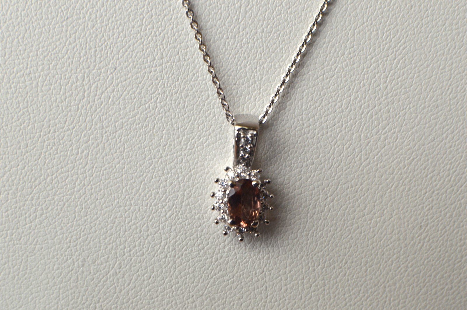 0.65ct Blush Apatite / Moissanite Pendant w/ 20″ Chain Platinum over Fine Silver