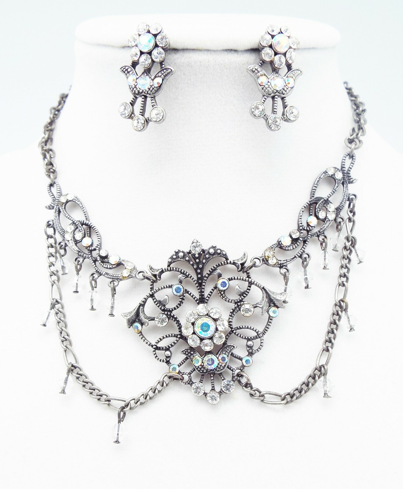 DESIGNER INSPIRED 19 in CLEAR MULTI CRYSTAL SILVER VICTORIAN JEWELERY SET NEW