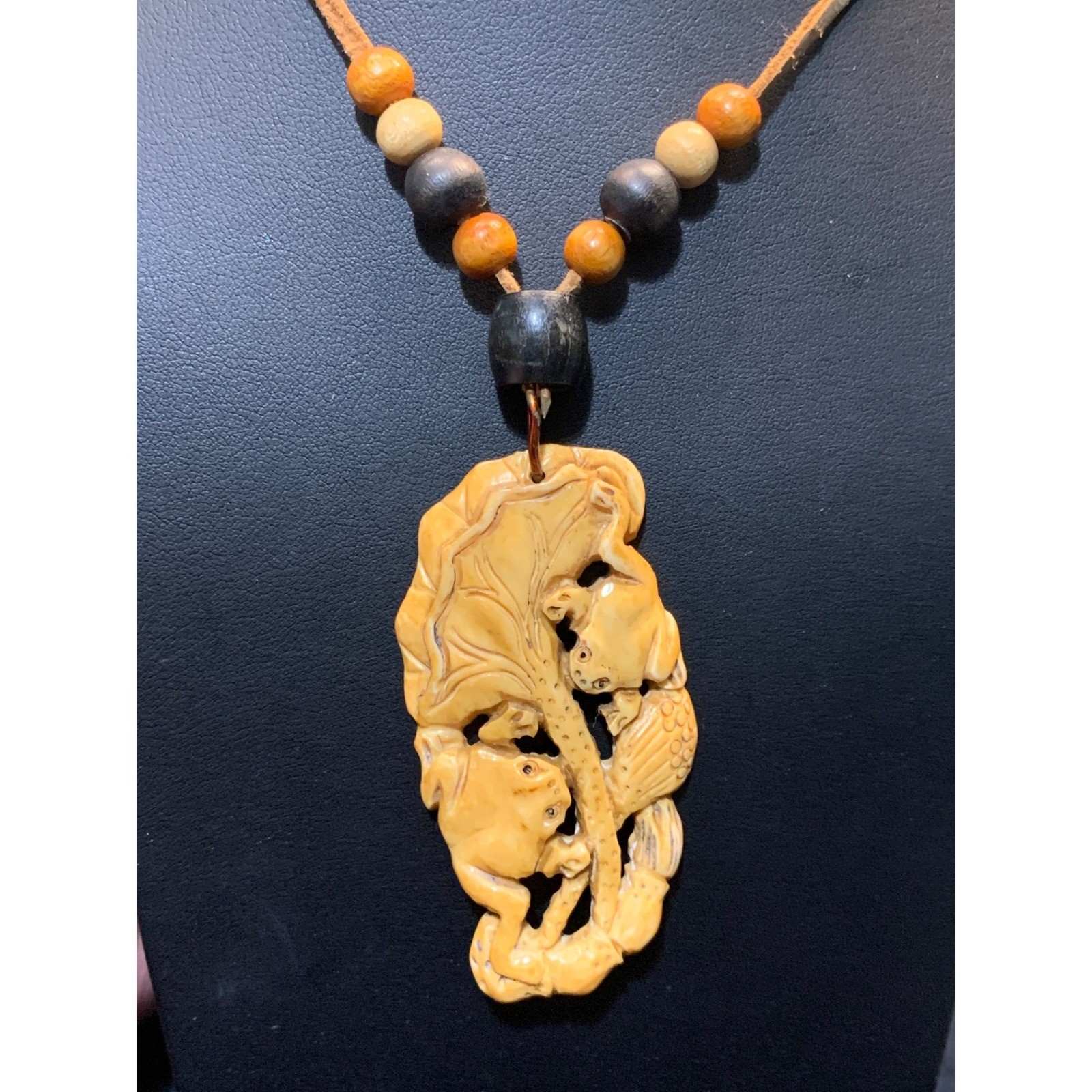 Carved Frog Lily Pad Pendant Necklace Leather Cord Wood Beads Boho Artisan