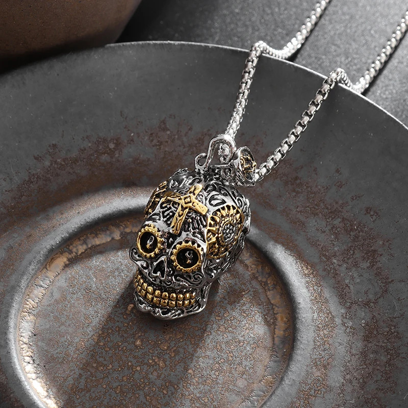 New Men’s Fashion Jewelry Skull Cross Calavera Day Of The Dead Pendant Necklace