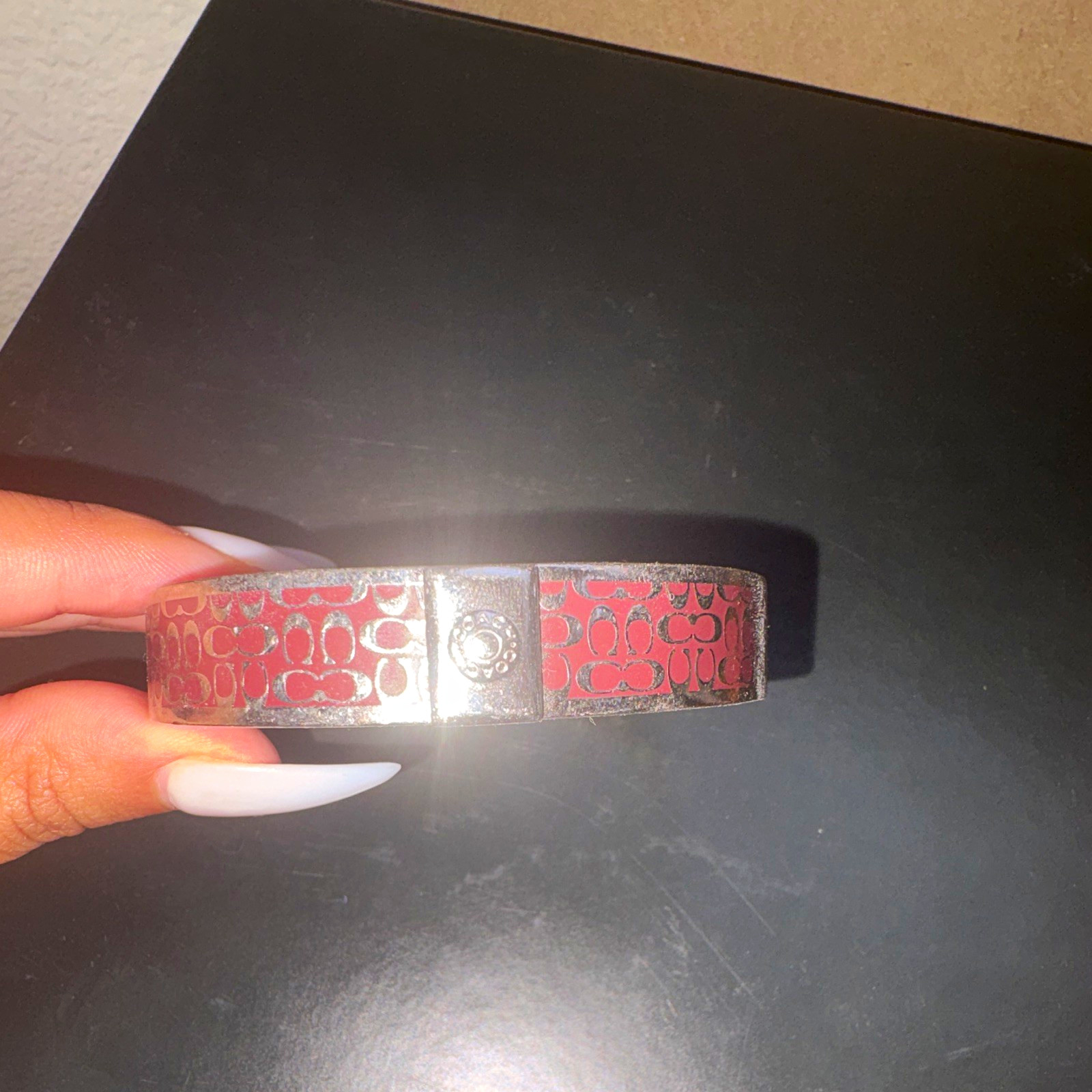 Coach Signed Silver Tone & Red Signature Logo Bangle Bracelet