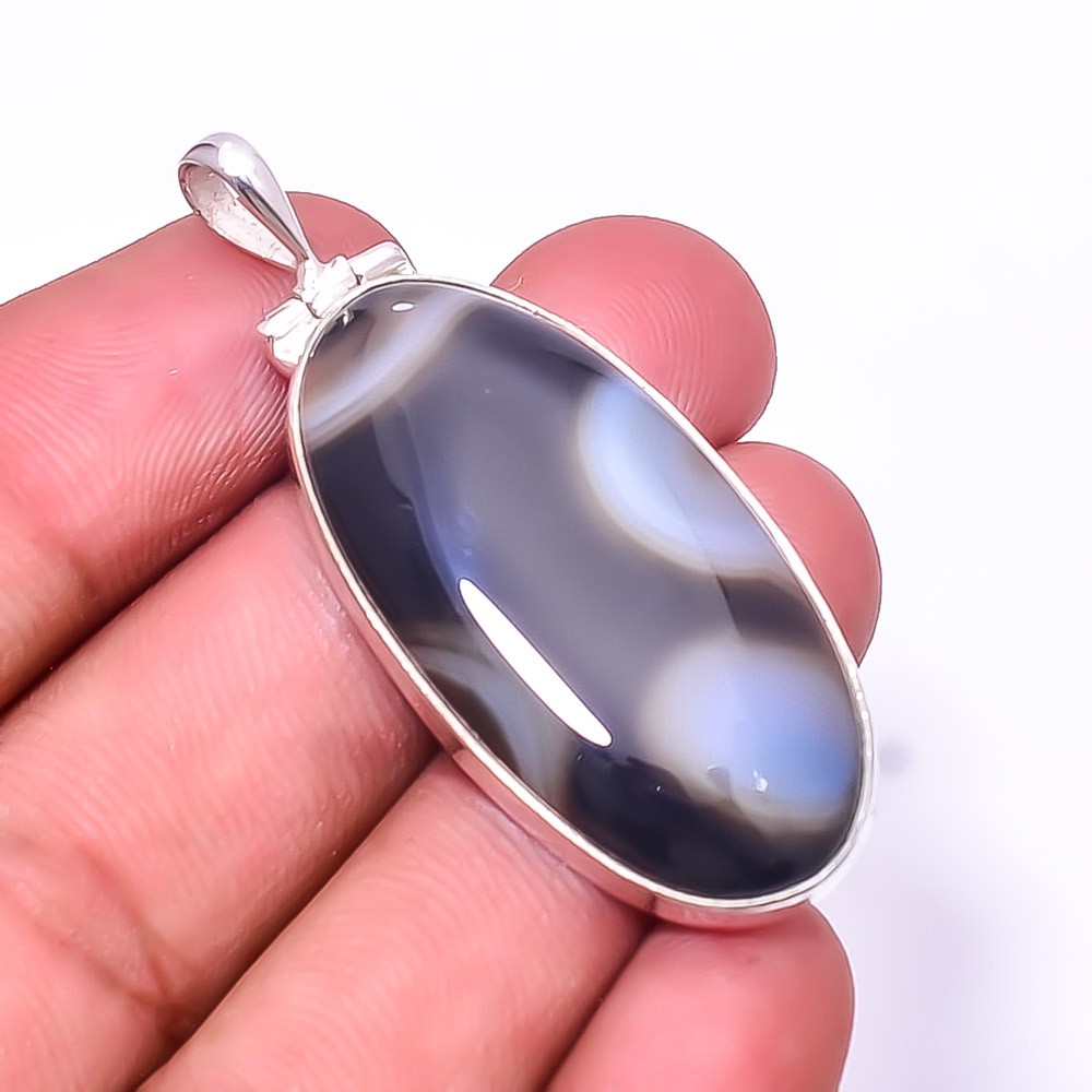 Natural Black Banded Agate 925 Sterling Silver Pendant 2.07″ P31, Christmas Gift