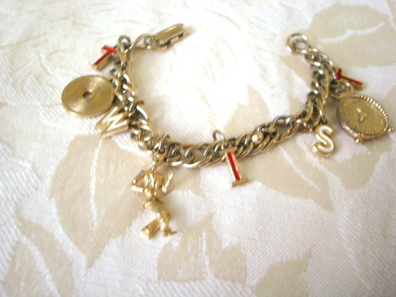 Gold Tone Bracelet Record Clock Dancer Red White TWIST Charms As Found KJ