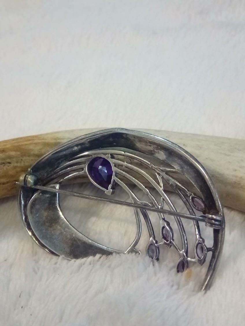 Vintage Large Sterling Silver And Genuine Multi Amethyst Broach Pin 925 Hallmark