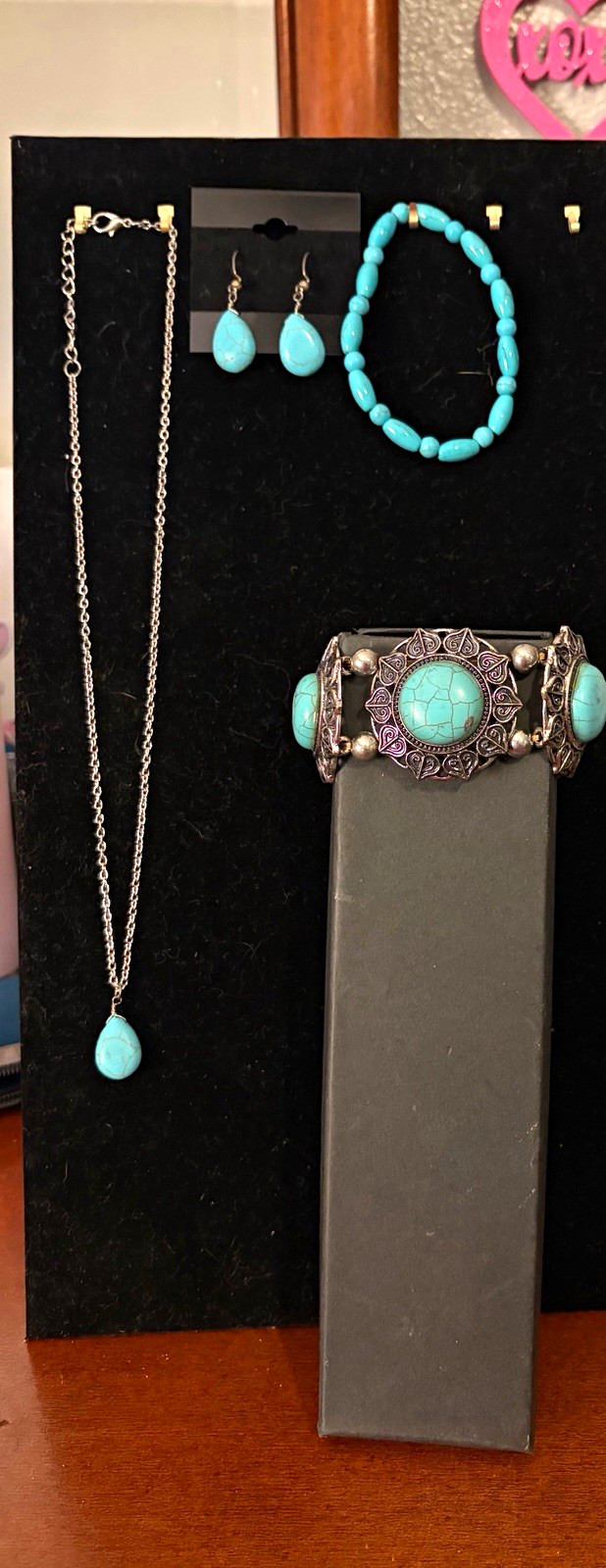 Turquoise Teardrop Jewelry Set Necklace Earrings Bracelet Adjustable Blue Silver