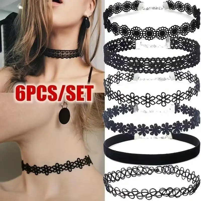 6pc Choker Necklace Set Black Velvet Classic Women Chain Collar Lace Stretchy