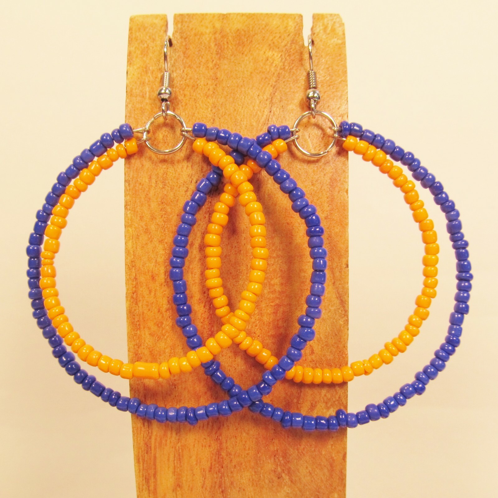 2″ Orange and Blue Color Double Hoop Handmade Seed Bead Earring TEAM COLORS!