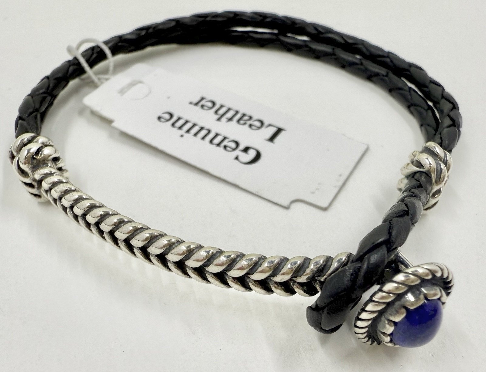 CAROLYN POLLACK AW STERLING 925 BLUE LAPIS & BLACK LEATHER BRACELET (T610)