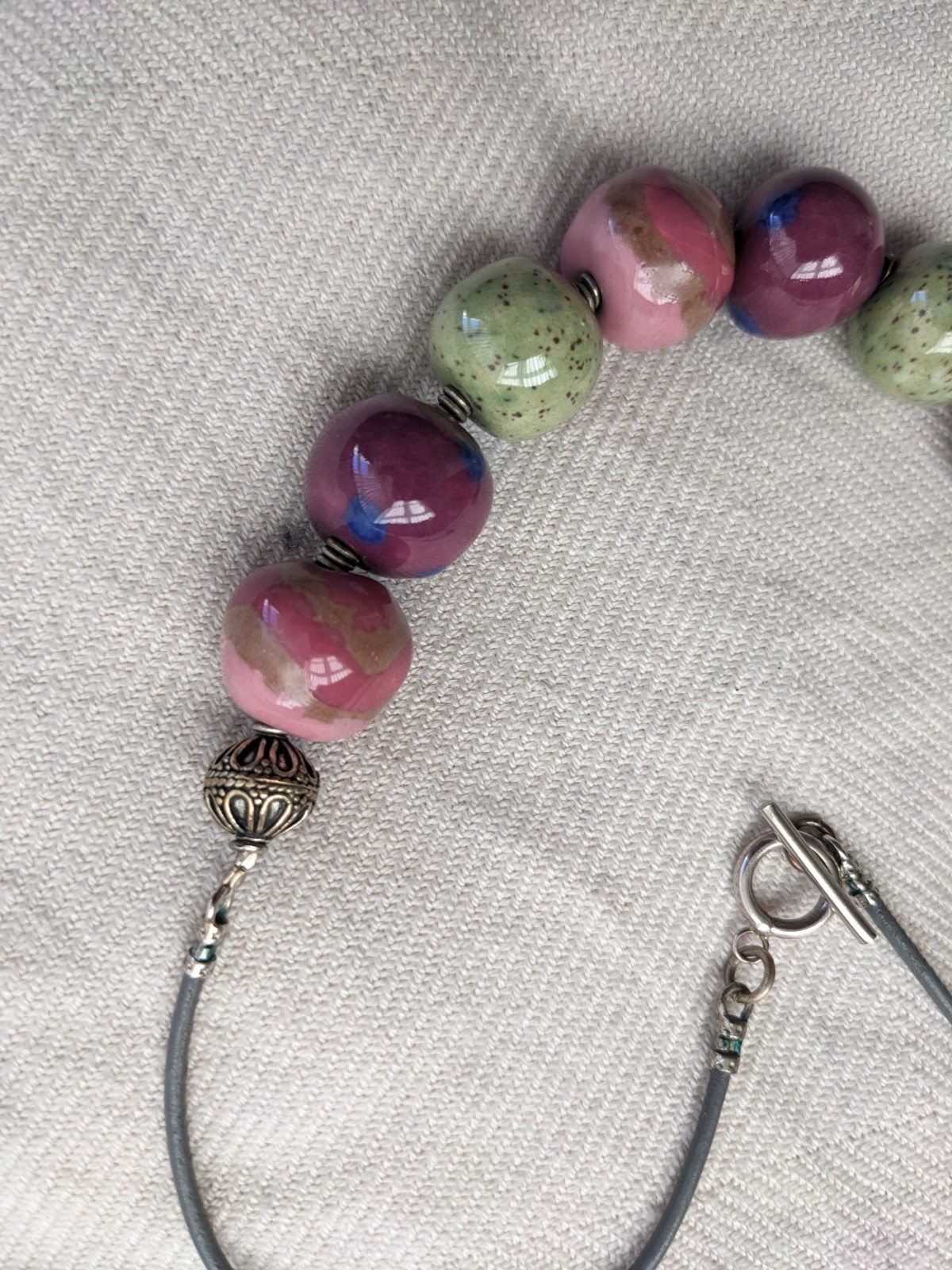 Necklace Pinks/ Greens Beads Cord Strap/ Back Fastening Delightful Hues Feminine
