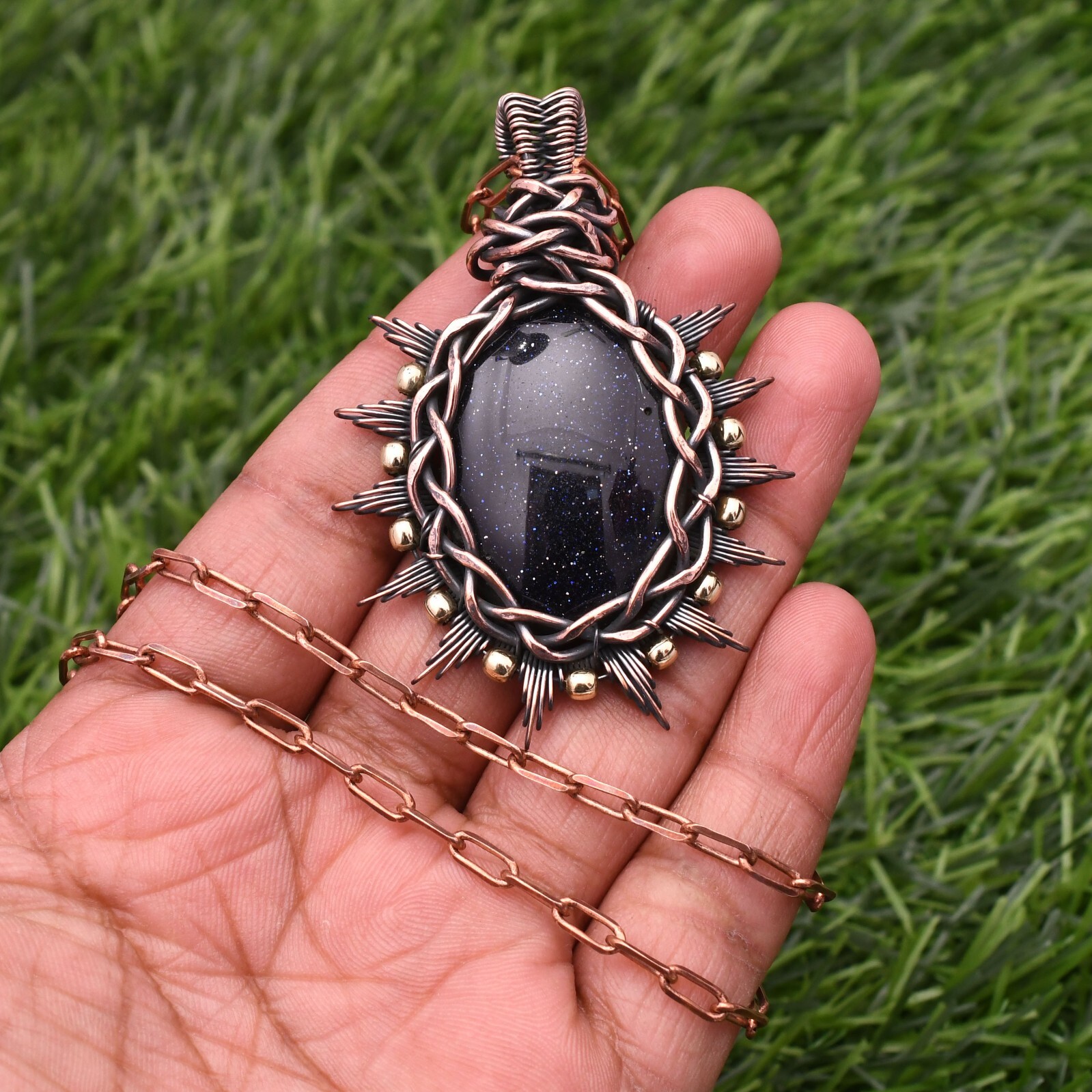 Blue Sun Stone Gemstone Copper Wire Wrap Handmade Jewelry Pendant 2.28″