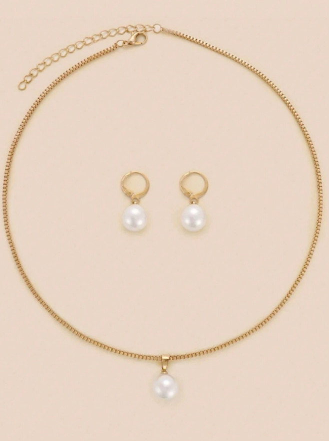 3 PCS Women Jewelry Set White Pearl İmitation Minimalist Necklace Earrings Gift