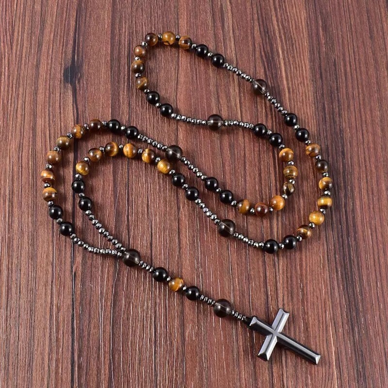 Tiger’s Eye Onyx Beaded Catholic Christ Hematite Cross Pendant Necklace for Men#