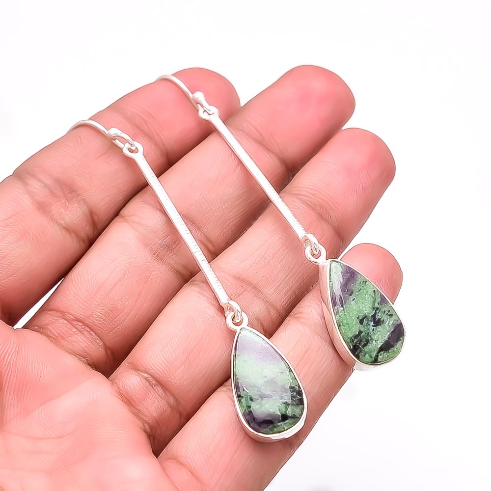 Natural Ruby With Zoisite – Tanzania 925 Sterling Silver Earring 3.00″ Sku14