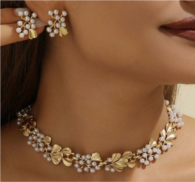 JEWELRY SET-Leaf Design Faux Pearl, Gold Tone Set with Necklace and Earrings
